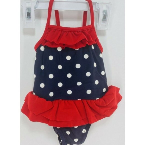 CARTERS RED BLUE AND WHITE POLKA DOT RUFFLED ONE PIECE BABY SWIMSUIT SIZE: 6 M - Picture 1 of 3